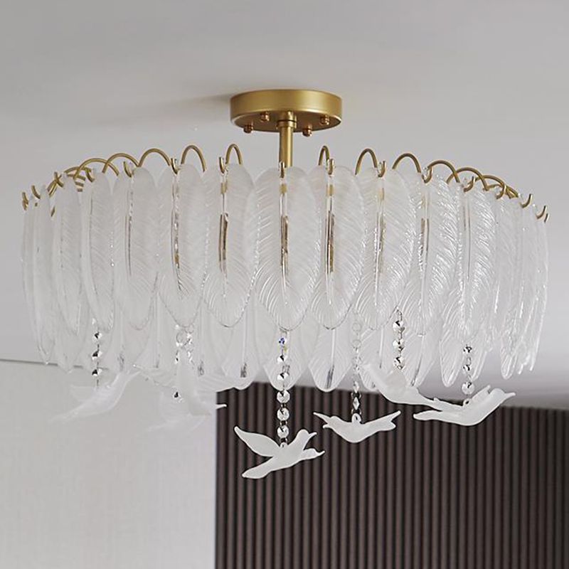 Modern Glass Ceiling Lamp Feather-shaped Flush Mount Light Fixture for Bedroom