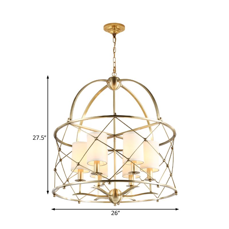 Brass Cylindrical Chandelier Lamp Nordic Metal 6 Heads Pendant Lighting Fixture with Fabric Shade