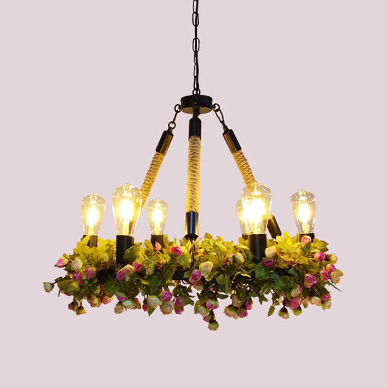 Industrial Exposed Bulb Ceiling Chandelier 6 Bulbs Metal LED Hanging Light Fixture in Black with Rose