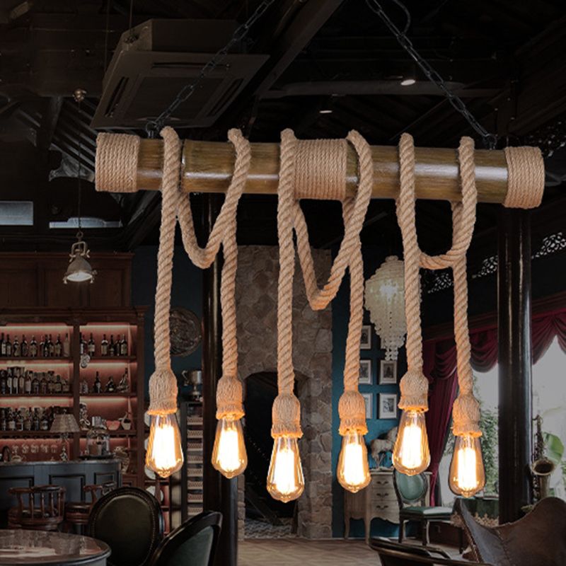 6-Light Hemp Rope Pendant Rustic Beige Exposed Bulb Restaurant Island Light