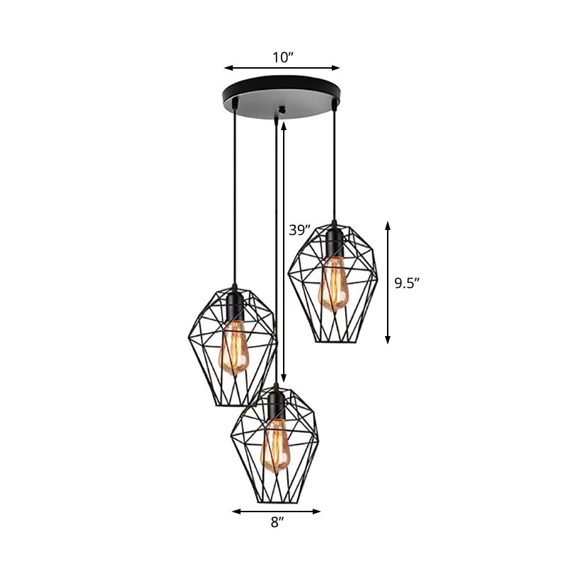 Metallic Black Suspended Light Geometric 3 Bulbs Vintage Ceiling Pendant Lamp with Cage Shade and Round/Linear Canopy