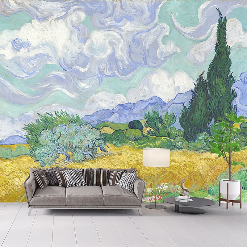 Wheat Field with Cypresses Mural Classic Moisture Resistant Bedroom Wall Covering, Optional Size