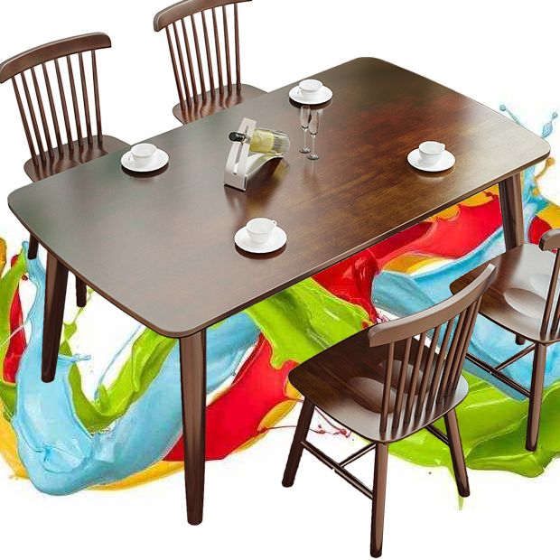Rectangle 4 Legs Modern Dining Table Brown Tone Fixed Table with Solid Wood