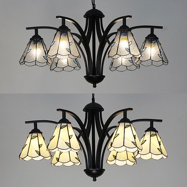 Cône Hanging Light avec design de feuille verte / bleue 6 lumières lustres en vitrail rustique en finition noire