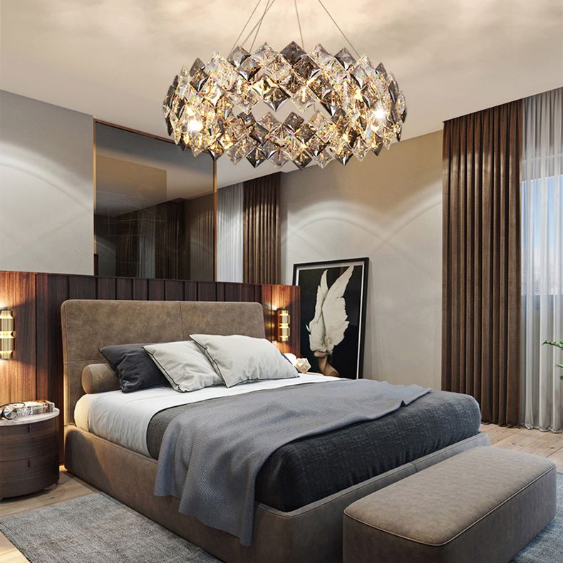 Contemporary Style Chandelier Lighting Fixtures Grey + Clear Crystal Hanging Lights for Living Room