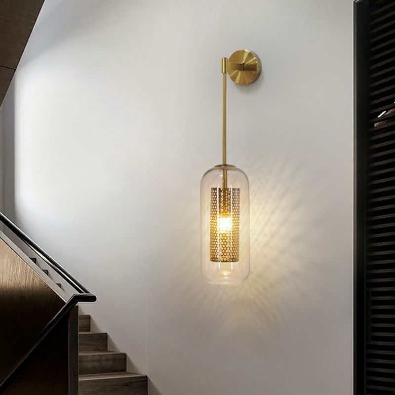 Postmodern Capsule Sconce Lighting Clear Glass 1 Head Stairs Wall Light with Wire Mesh Inner