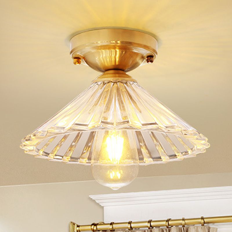 1 Bulb Cone Semi Flush Light Traditionary Ribbed Glass Ceiling Mounted Fixture in Brass for Bedroom