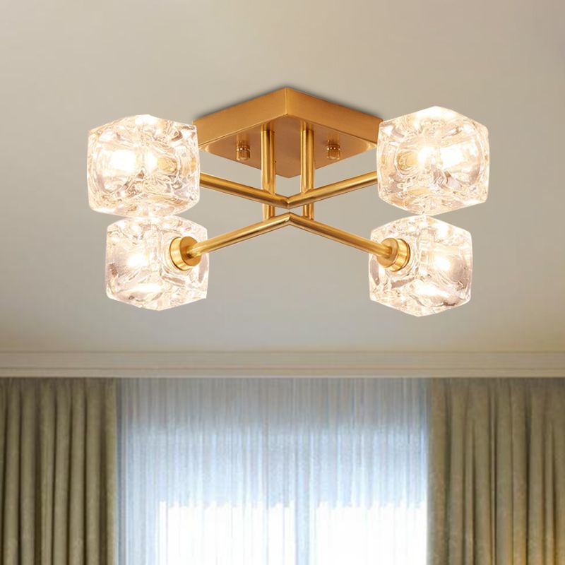 Crystal transparent carré contemporain Crystal clair Crystal 4/6 Éclairage de plafond de chambre à coucher en laiton