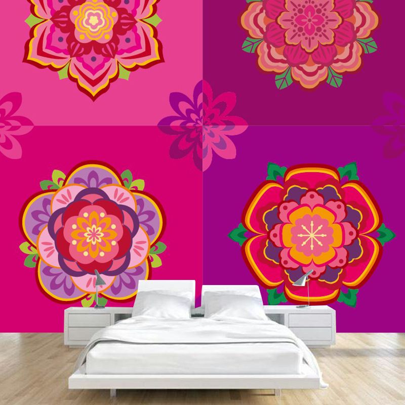 Bohemia Squares Wall Mural Rose Red Flowers Wall Covering for Bedroom Decoration