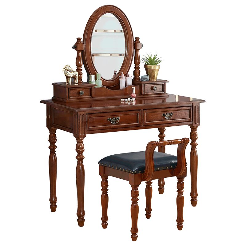 Traditional Solid Wood Vanity Dressing Table With Drawer, Brown Makeup Counter