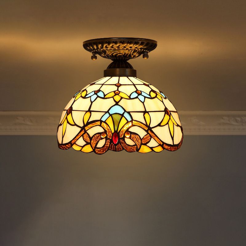 Decorative Dome Shade Semi Flush Mount 1-Light Stained Glass Ceiling Mounted Light