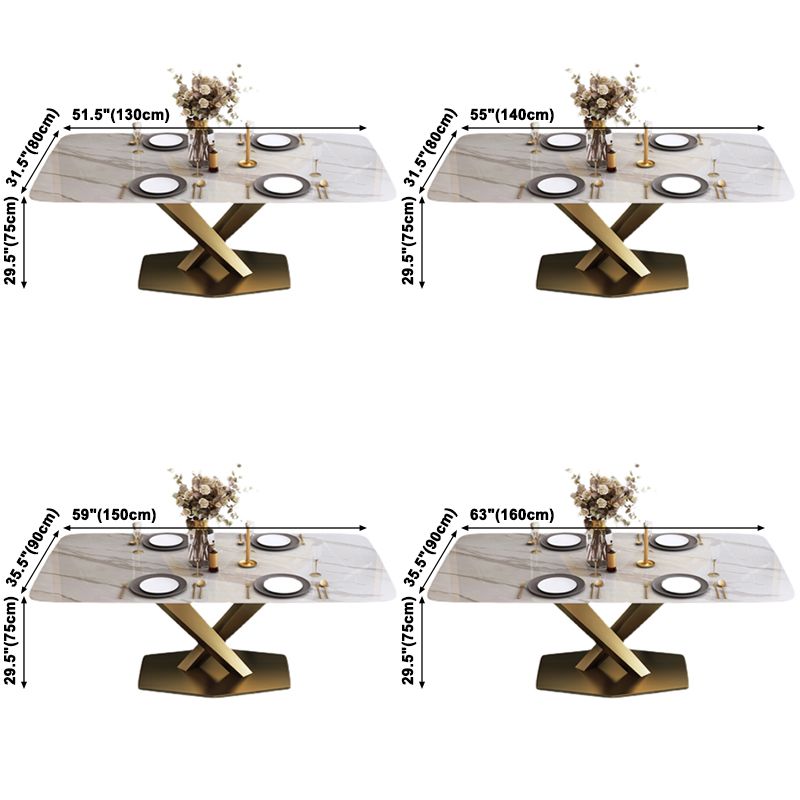 Mesa rectangular de piedra sinterizada con base de pedestal de metal dorado