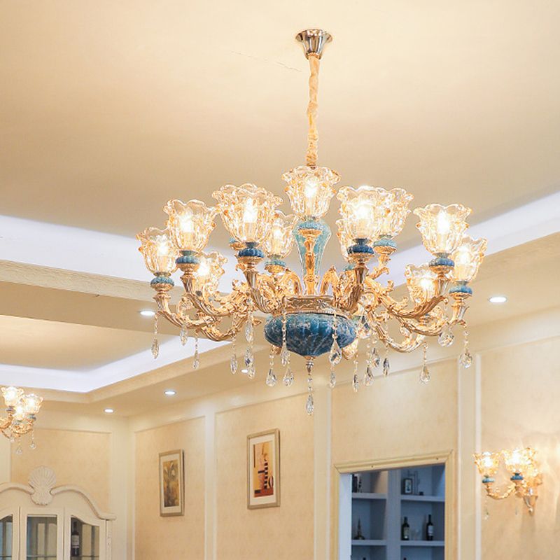 Ruffled Edge Living Room Chandelier Light Retro Handblown Glass Gold Pendant Light Fixture with Crystal Draping