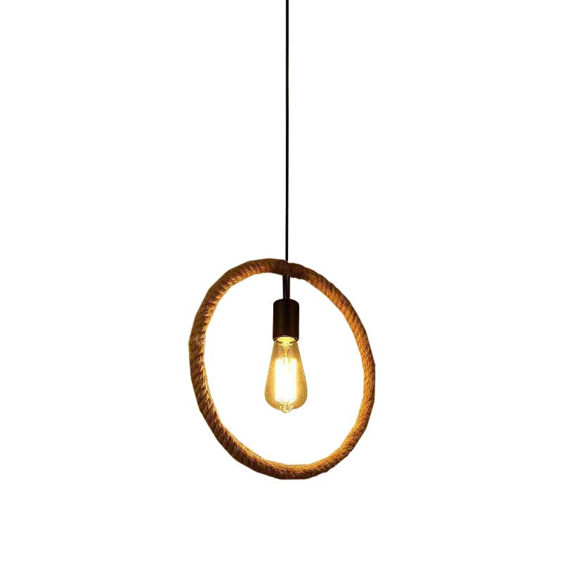 1-Light Hanging Lamp Rural Living Room Pendant Light with Round/Square/Rectangle Rope Frame in Brown