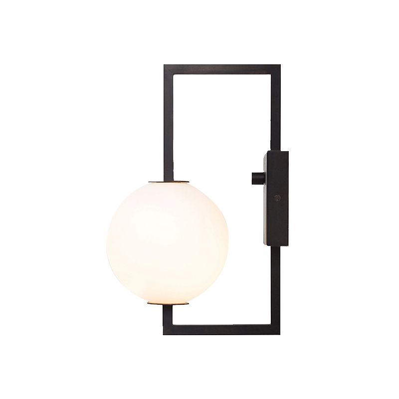 Marco rectangular negro aplique moderno estilo 1 bulbo iluminación de pared de metal con tono de orbe de vidrio blanco