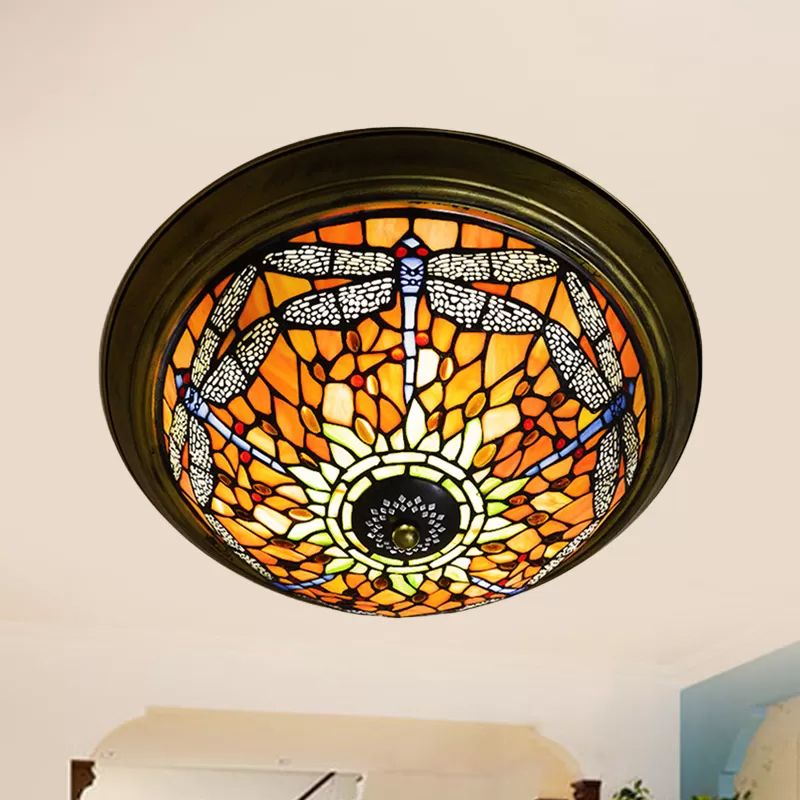 Dragonfly Ceiling Light Fixture 19.5"/15" Width Rustic Loft Stained Glass Indoor Flush Mount Light in Orange