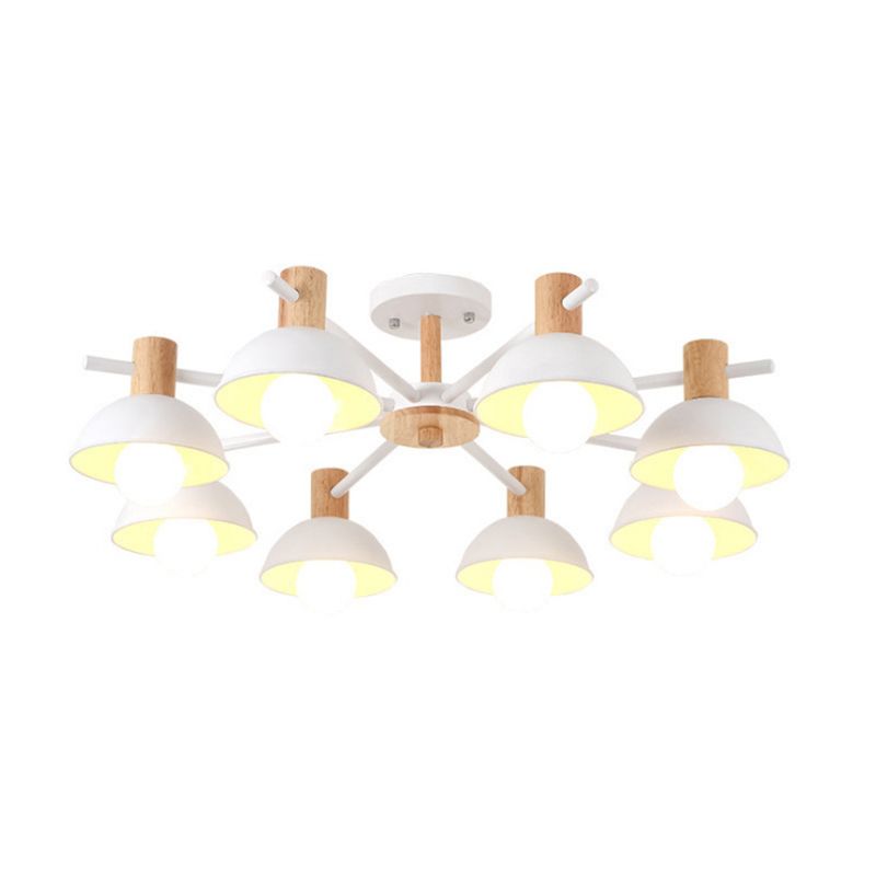 Metallic Bowl Shade Ceiling Light Macaron Style 8-Light Wood Lighting Fixture for Bedroom