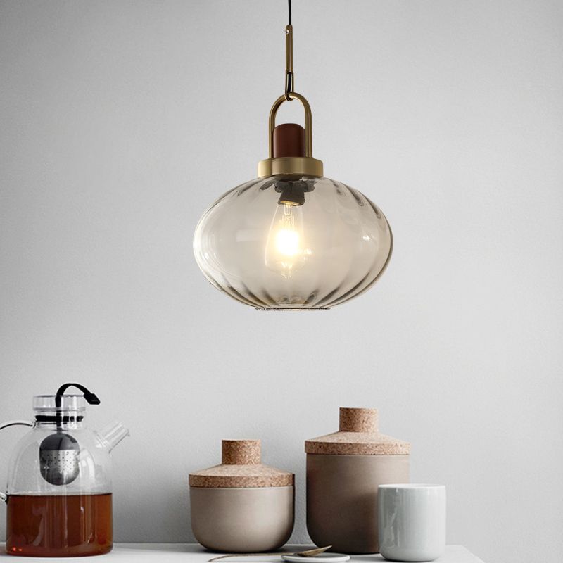 1 Light Bedroom Pendant Simple Brown and Gold Hanging Lamp with Oval Smoke Gray Water Glass Shade