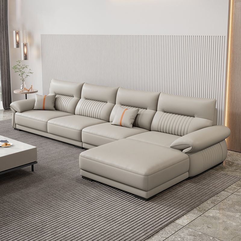 Contemporary Cream Stationary Grain Leather Square Arm Sofa & Chaise