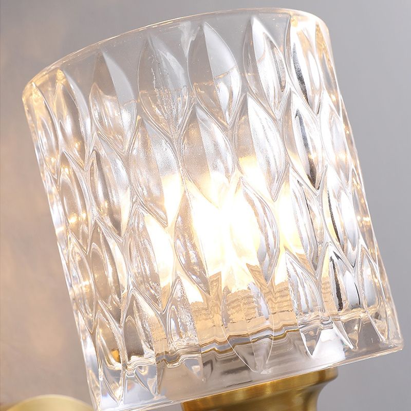 Cylindrical Wall Light Contemporary Stylish Clear Dimpled Glass 1 Bulb Golden Wall Sconce Fixture for Bedroom