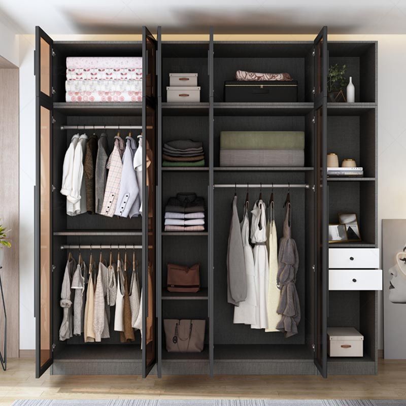 Modern Grey Wardrobe for Home Mirrored Finish Cabinet with Glass Door