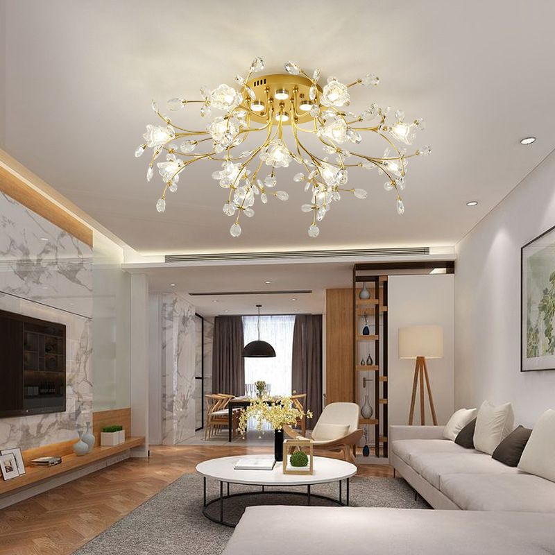 Contemporary Flower-Shaped Flush Light Crystal Flush Mount Ceiling Fixture in Gold