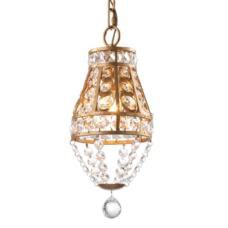 Gold Finish 1-Head Pendant Lighting Farmhouse Faceted Crystal Conic Suspension Lamp for Restaurant