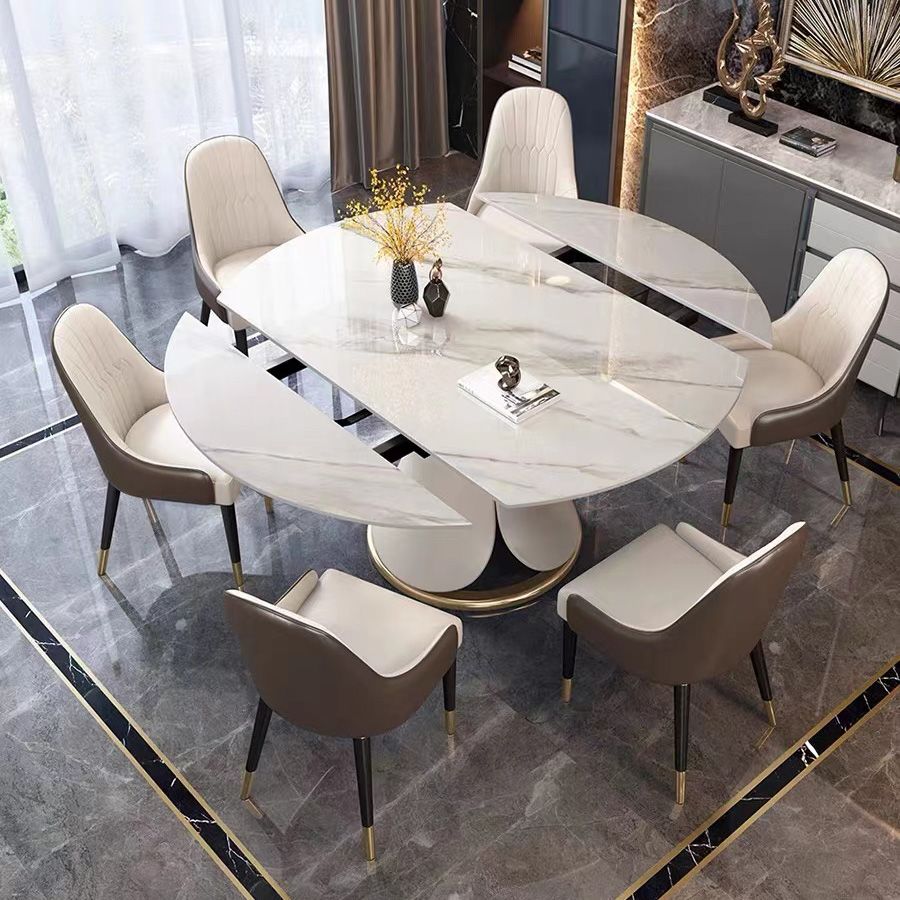 Glam Sintered Stone Extendable Table Round Shape Kitchen Dining Table with Pedestal Base
