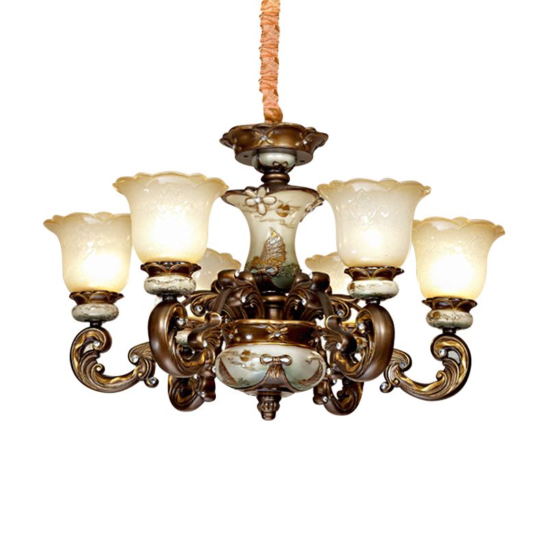 Traditionele bloemenschaduw Kroonluchter Licht 6/8 Lichten Cream Glass Ophangende verlichtingsarmatuur in bruin
