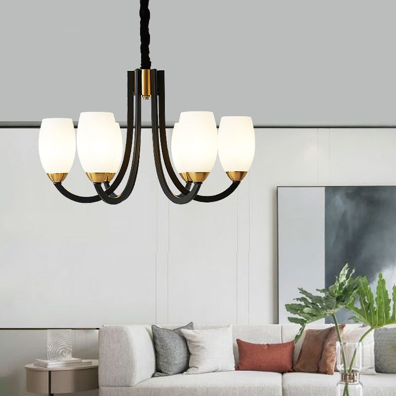 Swooping Arm Chandelier Traditional White Frosted Glass Hanging Light Fixture for Living Room