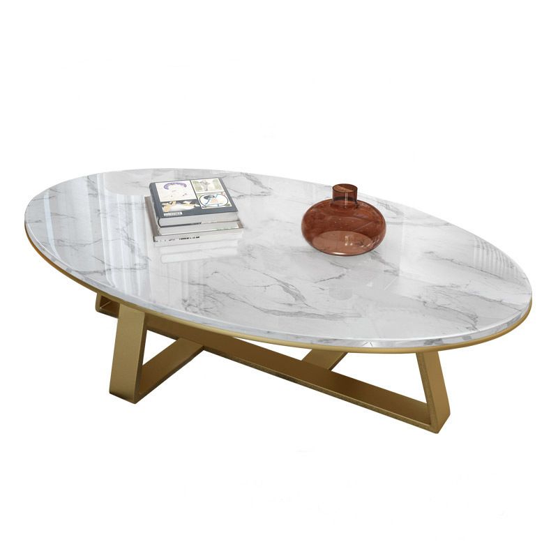 Marble Oval Coffee Table Metal Frame Abstract Cocktail Table