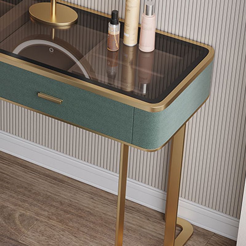 Glass Top Vanity Table 2-Drawer Stool Vanity Set with Lights Mirror