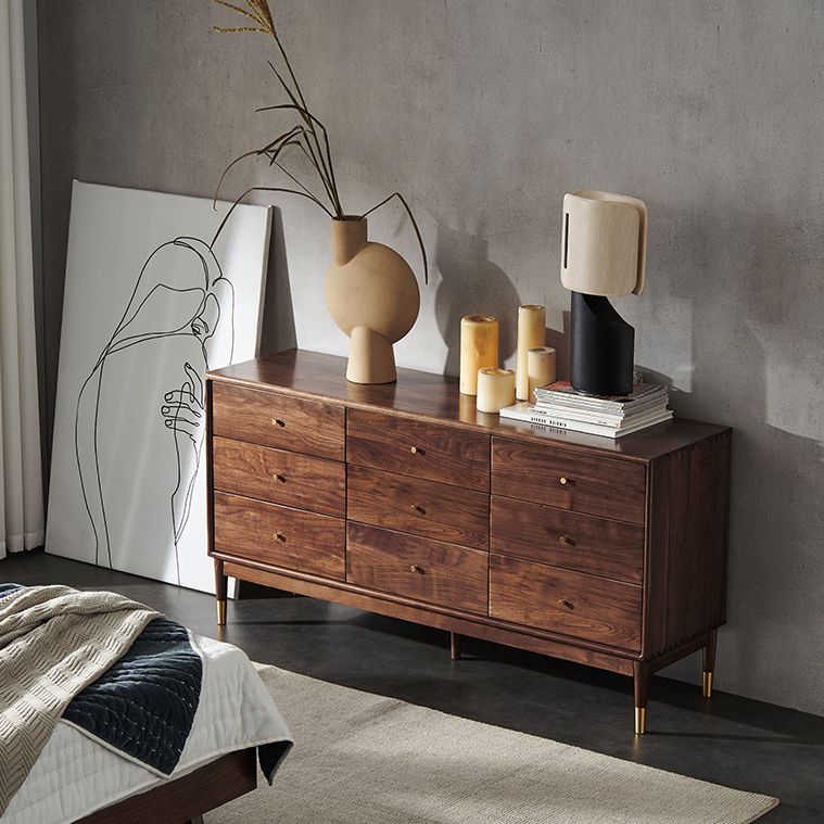Rectangular Rubberwood Chest Mid-Century Modern Accent Chest with 9 Drawers