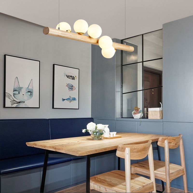 Modern Wood Island Lights Multi-Head Restaurant Hanging Lamp met Globe Glass Shade