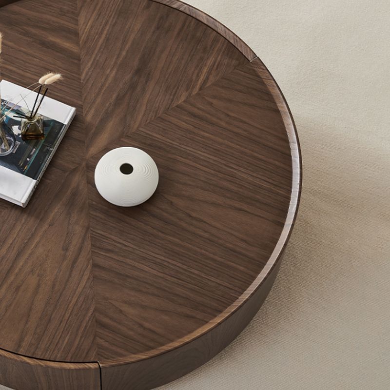Round Wood Cocktail Table Set with 2 Drawers Modern Walnut Coffee Table