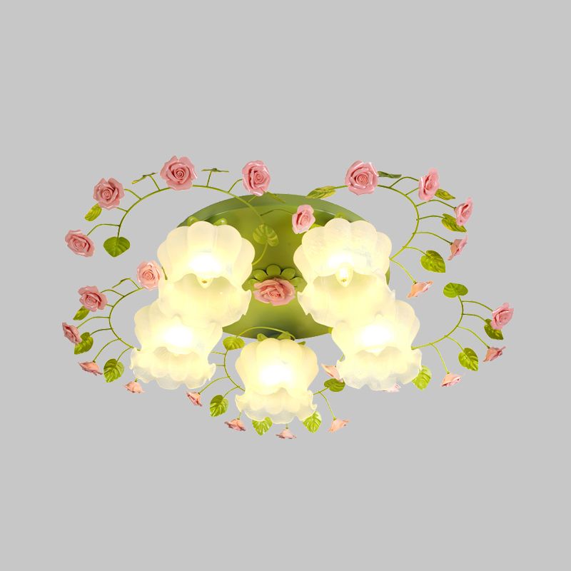 Plafonnier en forme de rose en verre crème, luminaire traditionnel à 5 ​​têtes pour chambre à coucher, luminaire encastré en vert