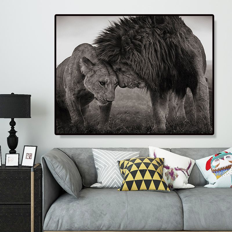 King of Savanna Lions Canvas Print Grey Modernist Wall Art Print for Sitting Room