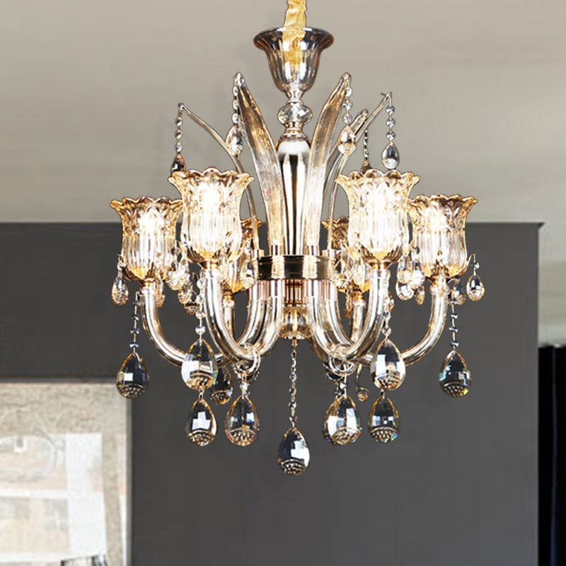 Bell Living Room Chandelier Lamp Traditional Crystal Drop 6/8 Lights Chrome Hanging Ceiling Light