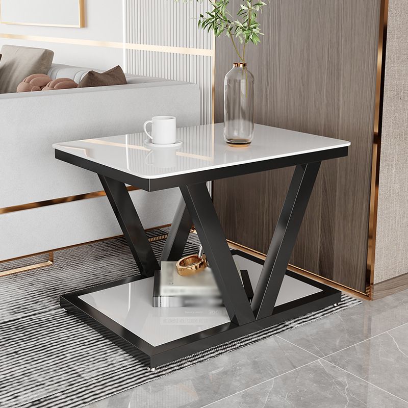 Square Block Base Metal Frame Black/white Tempered Glass Rectangular Coffee Table