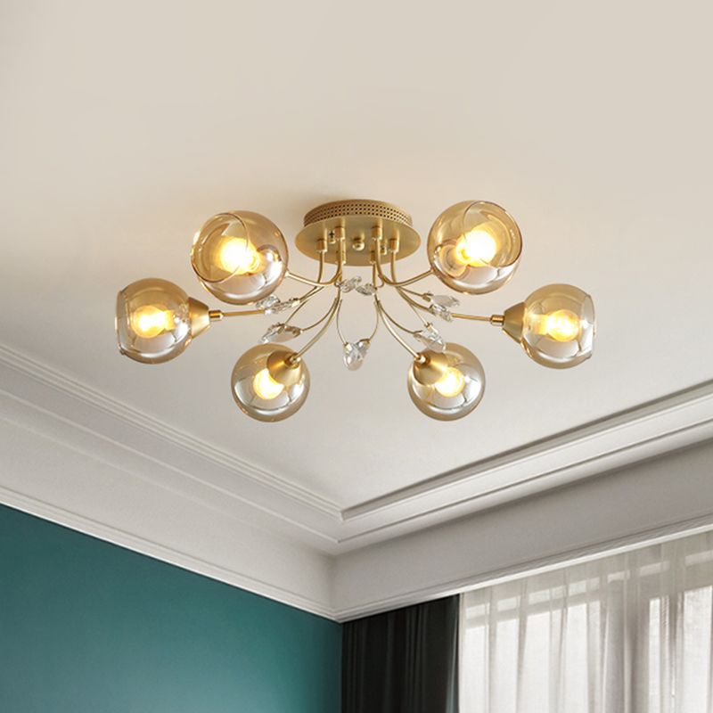 Amber Glass Ball Ceiling Flush Mount Modernist 6 Bulbs Gold Semi Flush Light with Teardrop Beveled Crystal Deco
