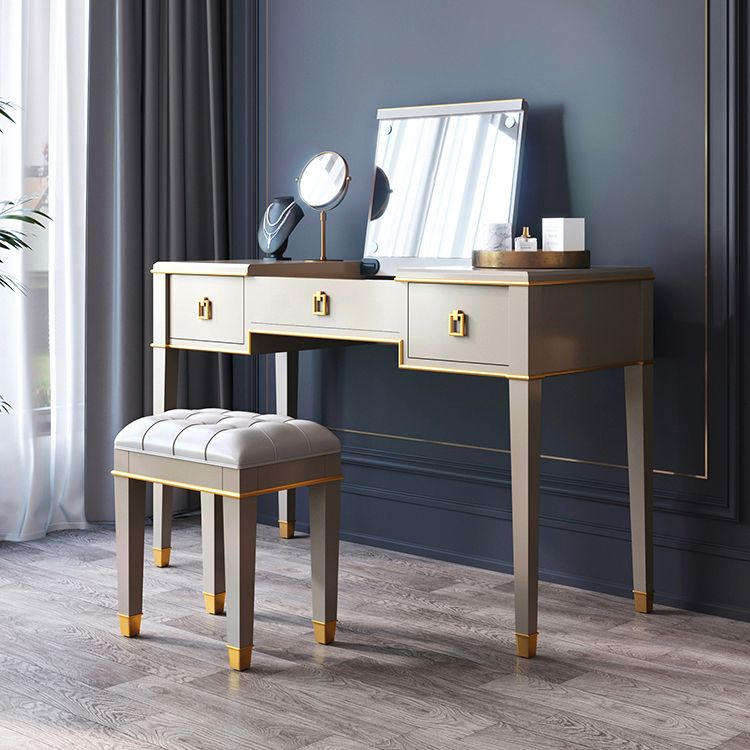 Solid Wood Make-up Vanity Mirrored Vanity Set with Padded Stool