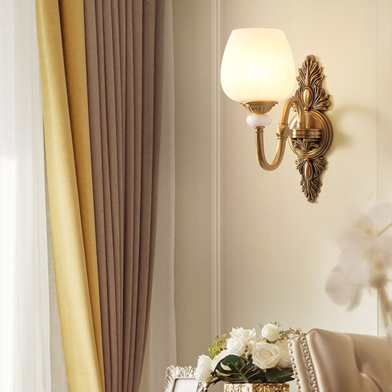 Metal Brass Wall Sconce Fixture Gooseneck 1/2-Light Vintage Stylish Wall Lamp with White Glass Bowl Shade