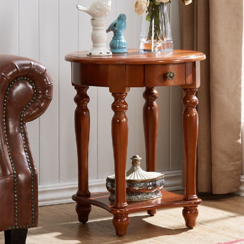 Traditional 24..4" Tall End Table in Brown Solid Wood Round Side Table with Shelf