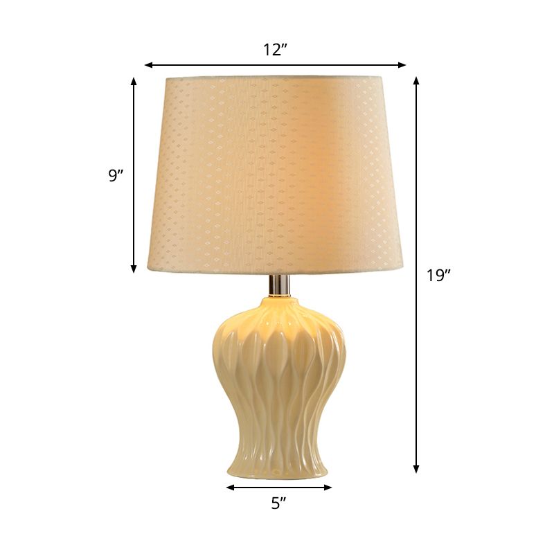 Fabric Barrel Task Lamp Modern 1 Bulb Table Light in White with Urn Ceramic Base