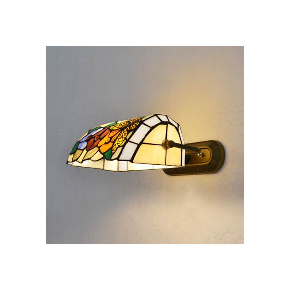 Banker Wall Light Retro Style Stained Glass 1 Light Wall Mount Fixture in Beige/Blue for Bedside