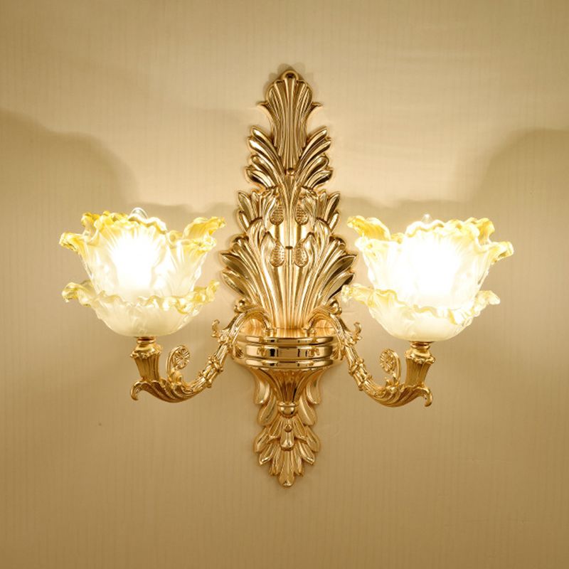 Gold Floral Wall Light Fixture Vintage Glass Living Room Wall Mounted Lamp with Crystal Accent