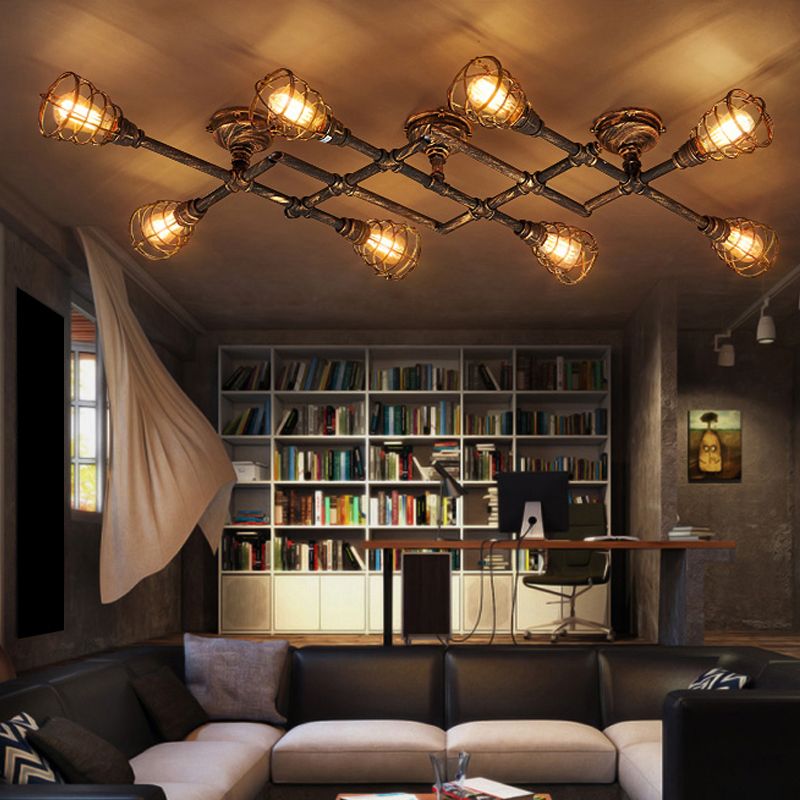 Luminaire de plafonnage Pipotor Industrial Antiquised Bronze Metal Semi Flush Mount Light With Cage