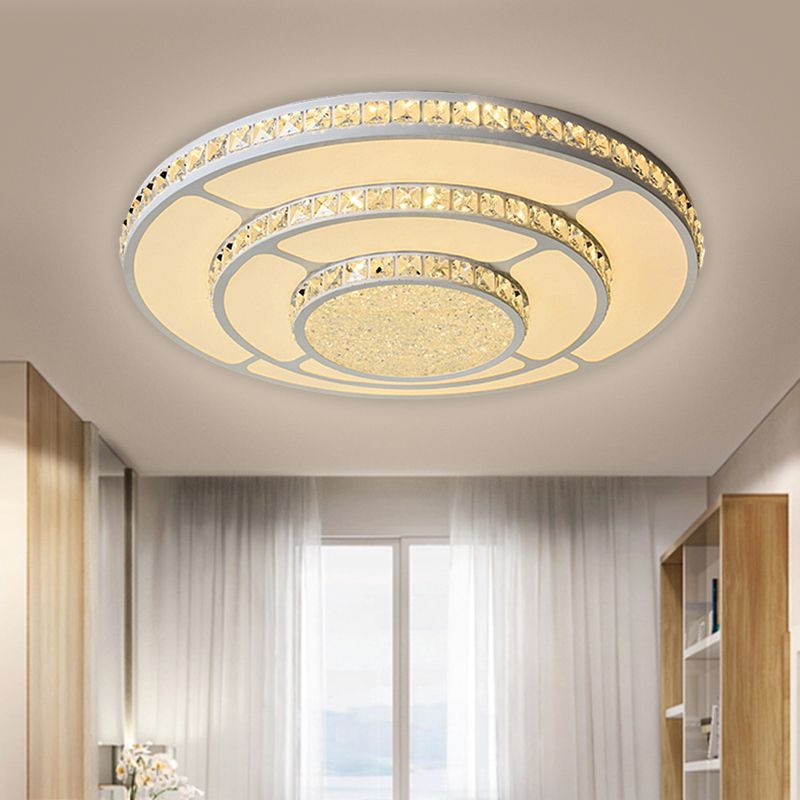 LED Bedroom Flush Mount Modern White Ceiling Lighting with Circle Crystal Block Shade in Warm/White Light, 18"/21.5" W
