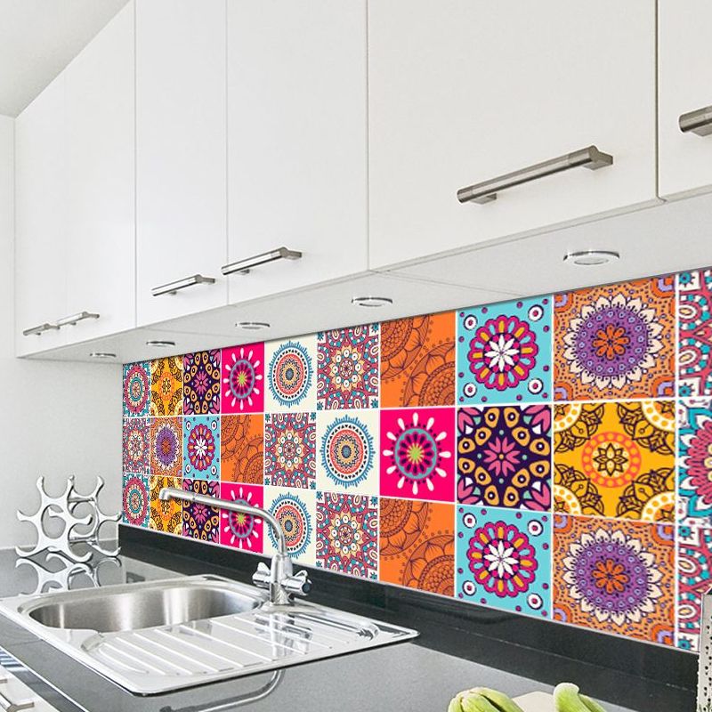 Boho-Chic Mandala Wallpaper Panels for Kitchen 8' L x 8" W Adhesive Wall Art in Orange