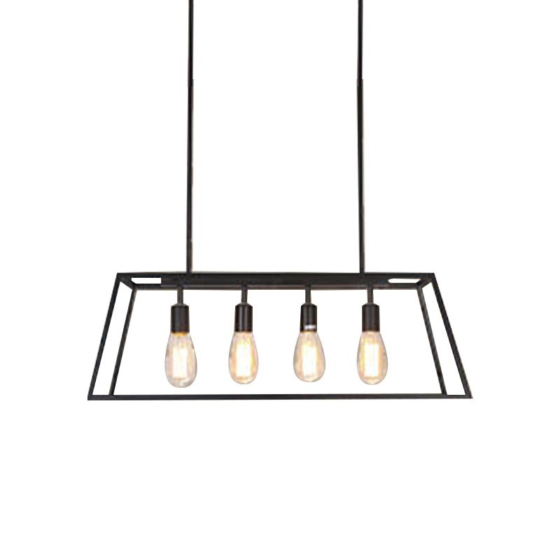 Glass Linear Island Light 4-Bulbs Industrial Dinning Room Pendant Lamp in Black